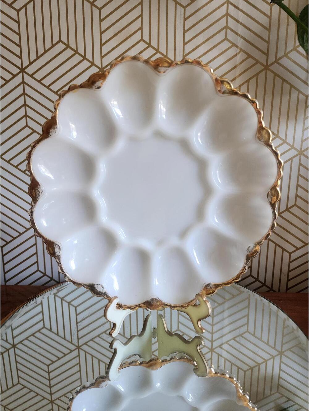 Vintage Deviled Egg Plate - Milk Glass Anchor Hocking 1950s. Oyster, Clam Plate